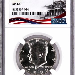 Obverse side of a graded 1966 Kennedy half dollar coin in a protective slab.