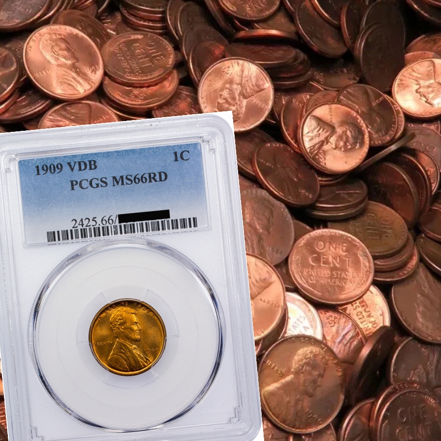 A rare 1933 gold coin displayed above a pile of pennies.