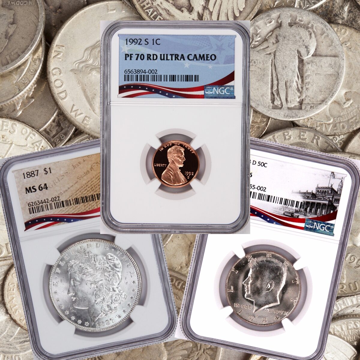 Three graded coins with American flags and labels.